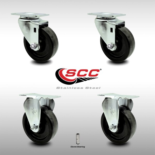 4 Inch SS Phenolic Swivel Top Plate Caster Set with 2 Rigid
